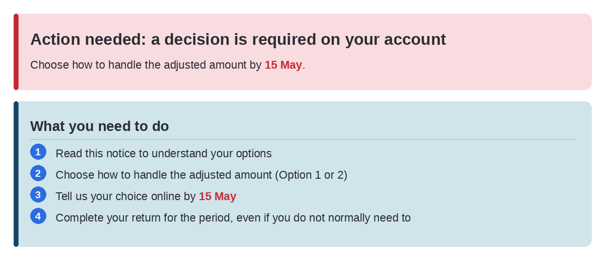 My redesign: a red action box stating the decision and deadline, above a blue box of four numbered steps